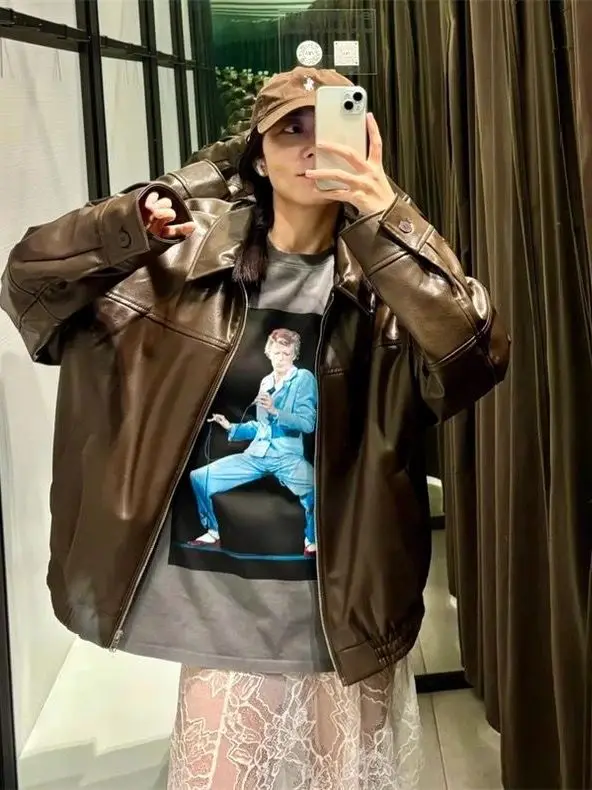 Herbst Neue frauen Lose Pilot Jaet Mantel Gefälschte Leder Revers Oberbekleidung Baumwolle Denim Stoff Damen Faion Casual Lange Sve