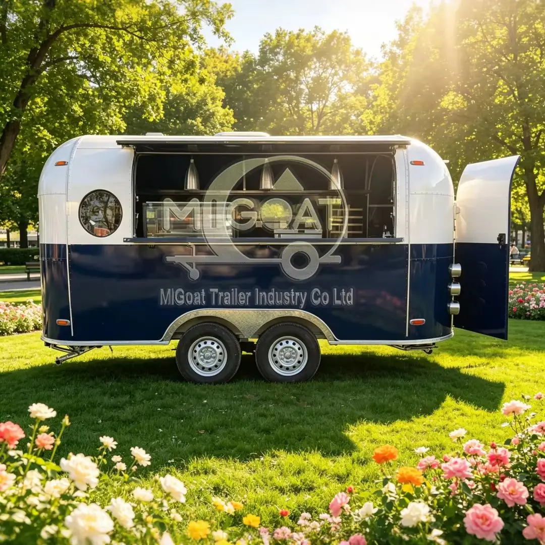 White & Navy Blue Style Mobile Food Trailer, Commercial Food Truck for Fast Food & Street Vending