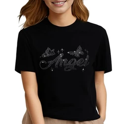 Angel Butterfly Rhinestone Letter Print t shirt,Crew Neck Casual Short Sleeve top,Women's Clothing