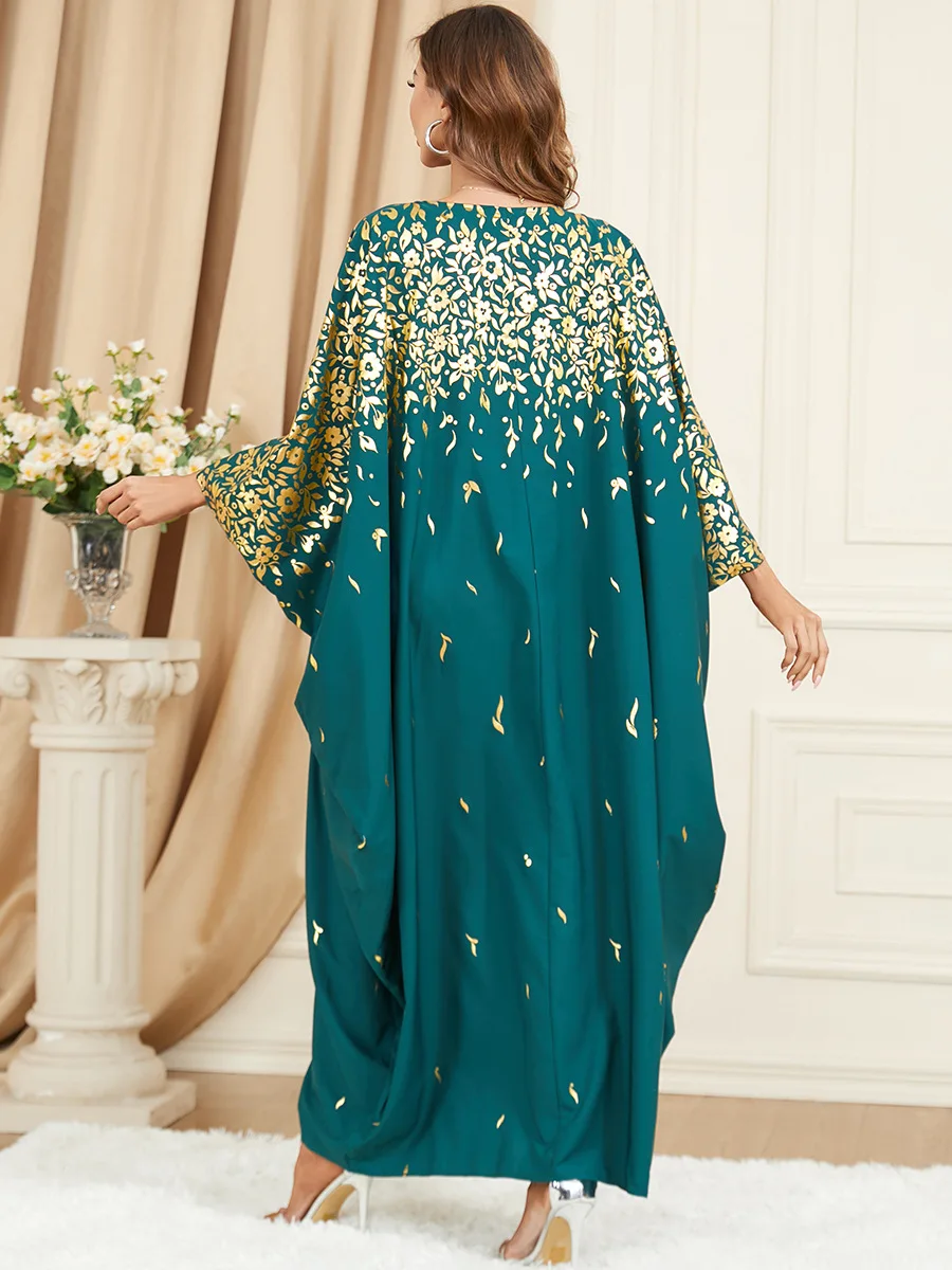 Elegant Chic Middle East Muslim Dresses Fashion Women O-Neck Casual Green Batwing Sleeve Loose Dress Long Lady Spring Summer