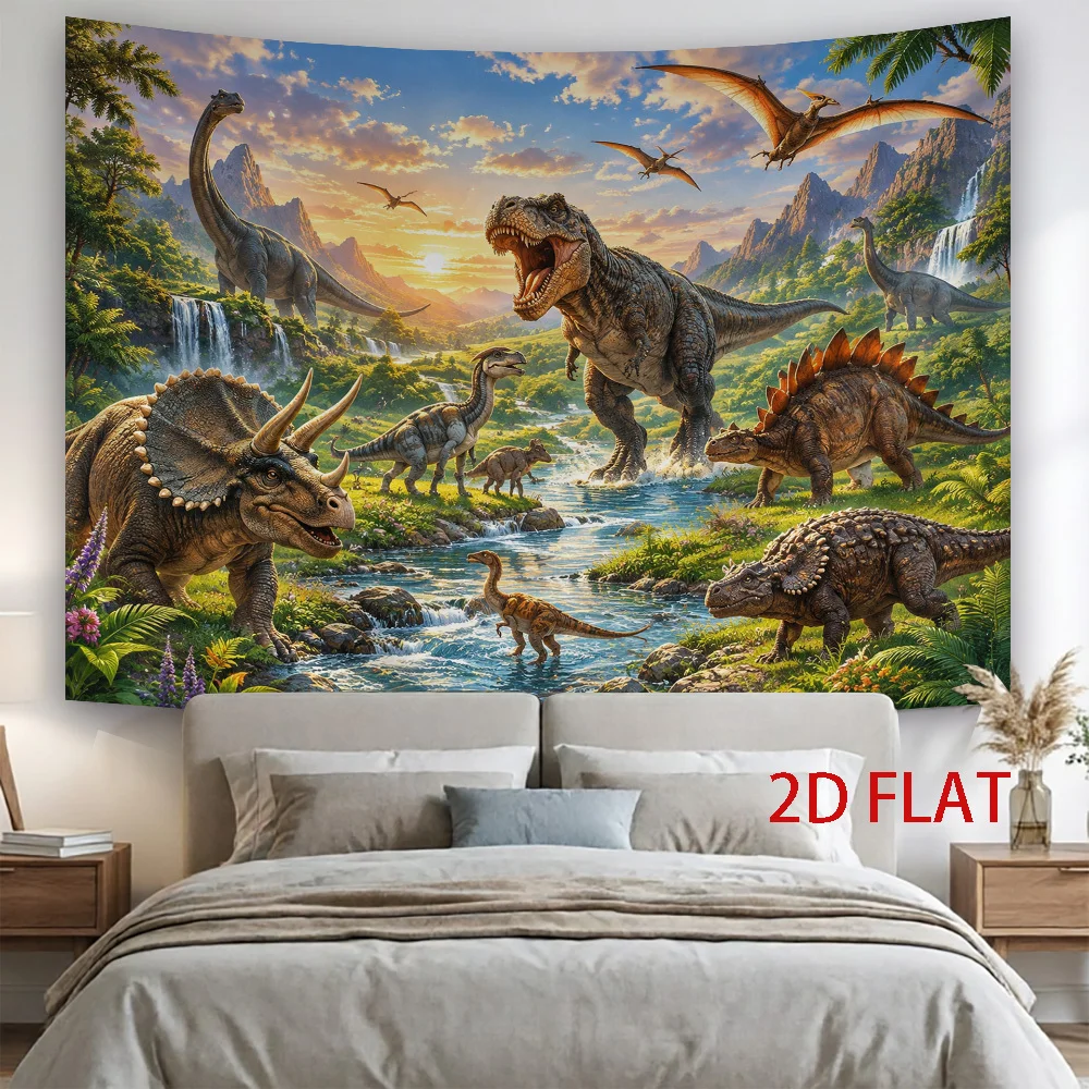 Jurassic Dinosaur Tapestry, Rich Dinosaur Species Tropical Forest River Mountain Sunset Wall Hanging for Playroom Study Room
