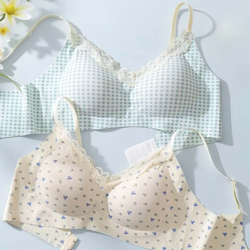 Spurloser Spitzen-BH ohne Bügel, V-Ausschnitt, mit Blumenmuster und Schleife, Gittermuster, für Damen, stoßdämpfend, formstabil, Push-up-Unterwäsche, Sport-BH. – Detail 4
