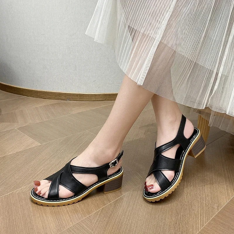 

Women's Sandals Square Heel Solid Color Anti-slip Sandals Women Dress All-match Fashion Low Heel Large Size Sandalias De Mujer