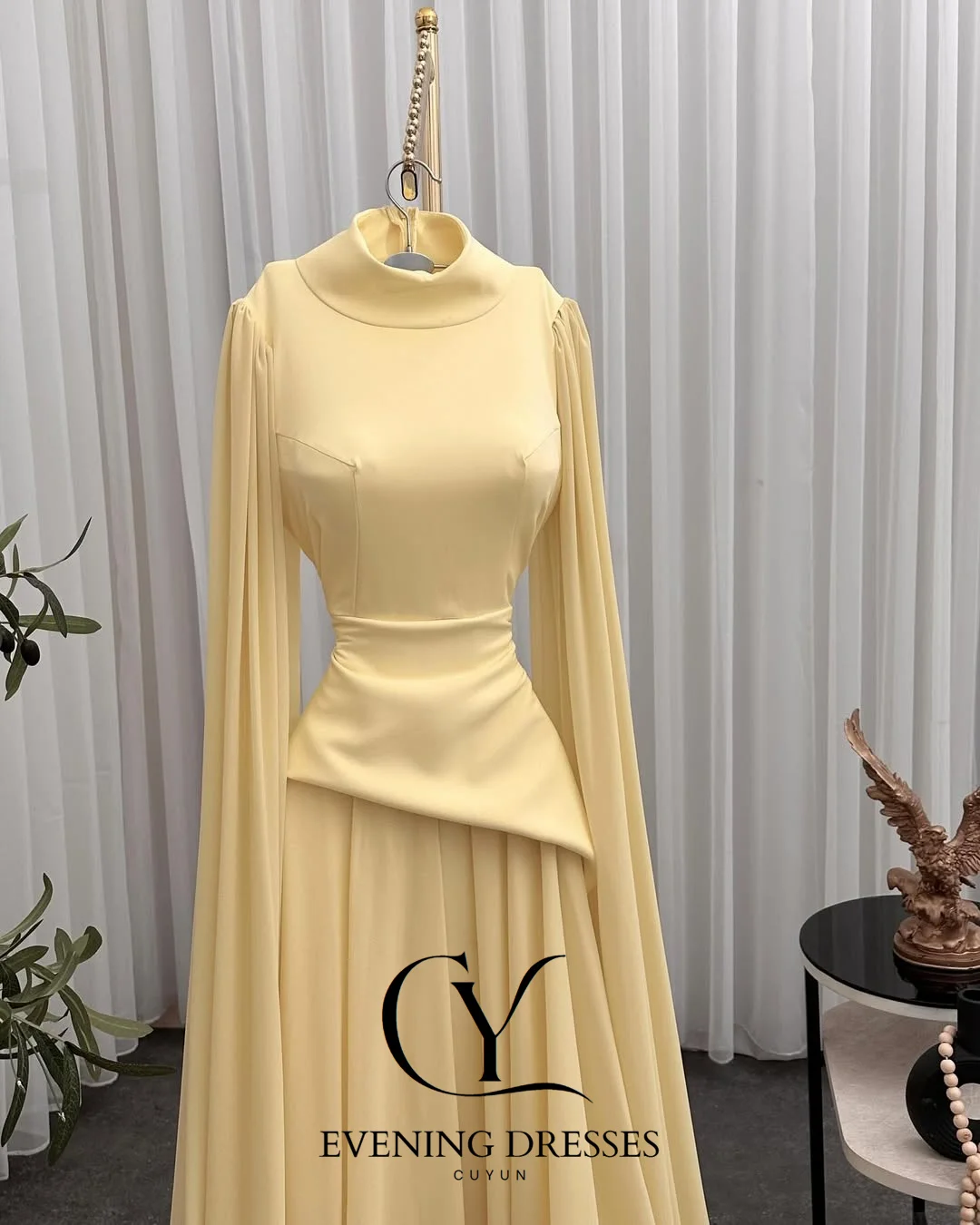 CUYUN Cream Yellow Evening Dresses Women High Collar Cape Sleeves Prom Gown Customized Patchwork Elegant Party Dresses image 5