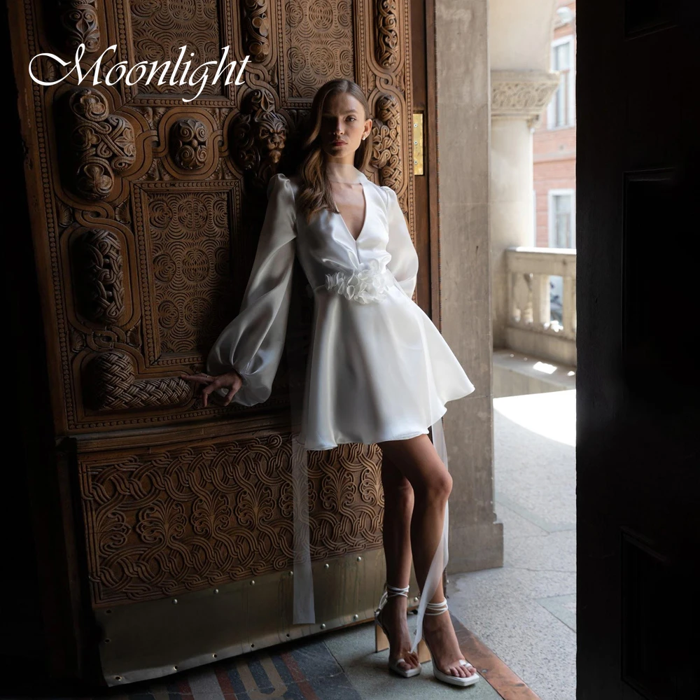 

Classic Lantern Sleeve Pleat Short A-Line Wedding Dress Women V-Neck Shawl Open Back Above-Knee Vestidos De Novia Customized