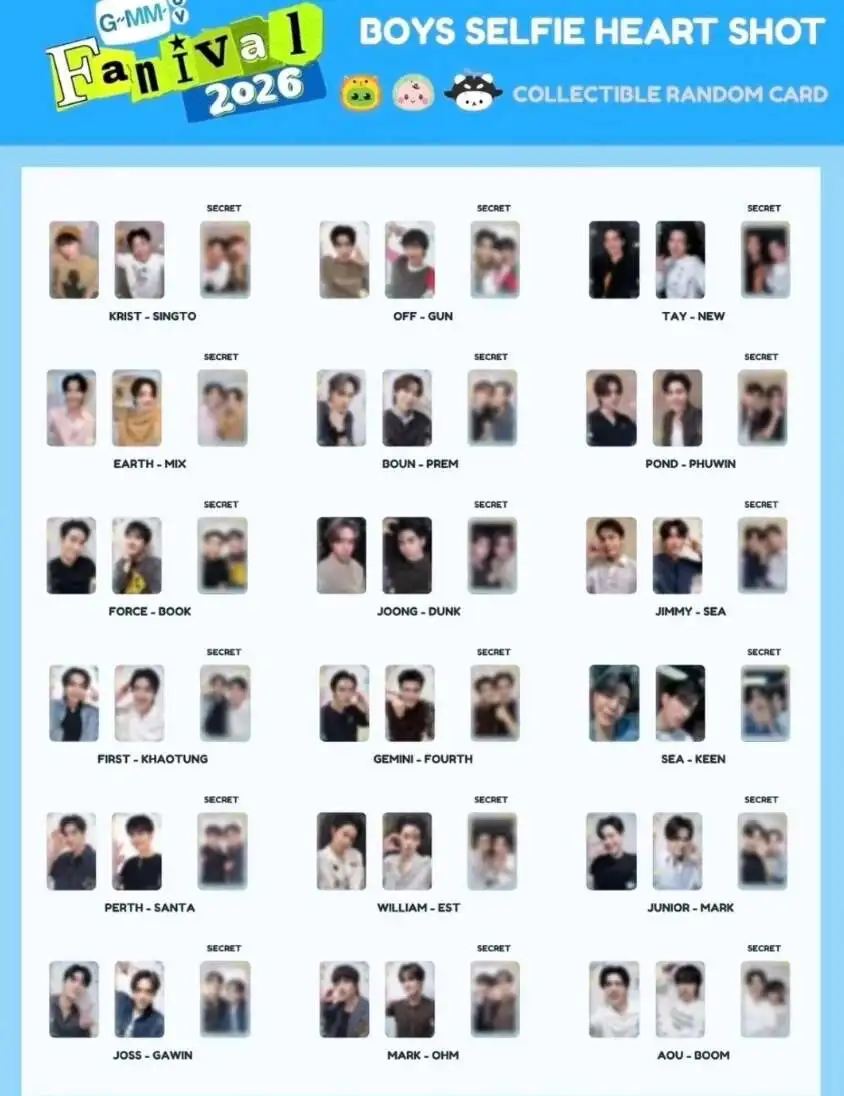 2026 Official Gmmtv Pondphuwin Joongdunk Bounprem FirstKhaotung Jimmy Sea Junior Mark Perthsanta Boys Collectible Random Card