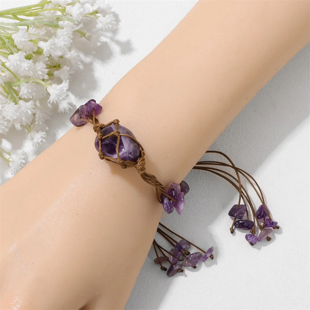 بوهو هبط الجمشت سوار للنساء الرجال قابل للتعديل اليدوية المنسوجة شبكة الخام رقاقة حجر الخرز الإسورة المجوهرات #5