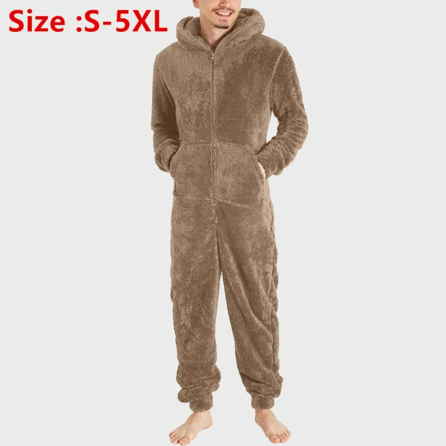 New Men's Winter Warm Sets Lambwool Pajamas Sets Men Woolen Solid Zipper One Piece Casual Long Sleeve Hooded Long Jumpsuit 5XL