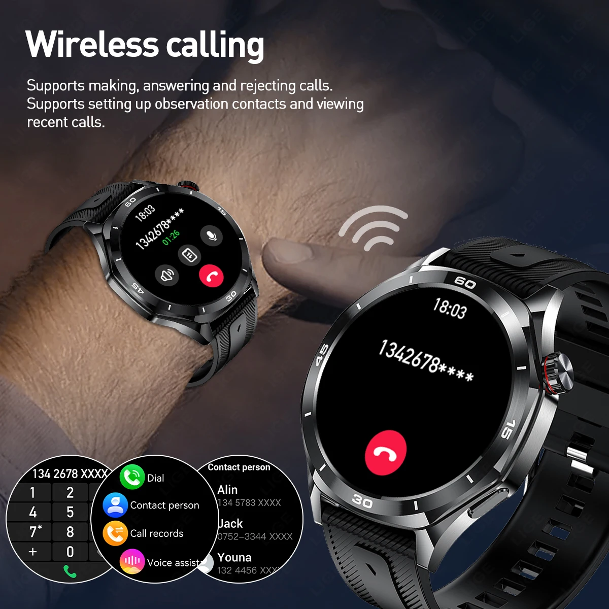 LIGE For HUAWEI Smart Watch Men 1.52 Inch HD Display Bluetooth Call Heart Rate Blood Pressure Smartwatch Sports Fitness Watches