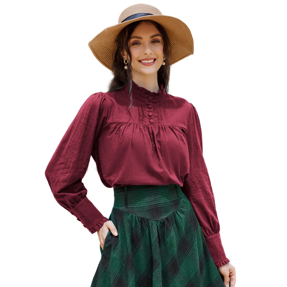 SD Victorian Blouse For Women Baggy Cotton Long Lantern Sleeve Renaissance Shirt Loose Fit Vintage Stand Collar Pullover Tops A3