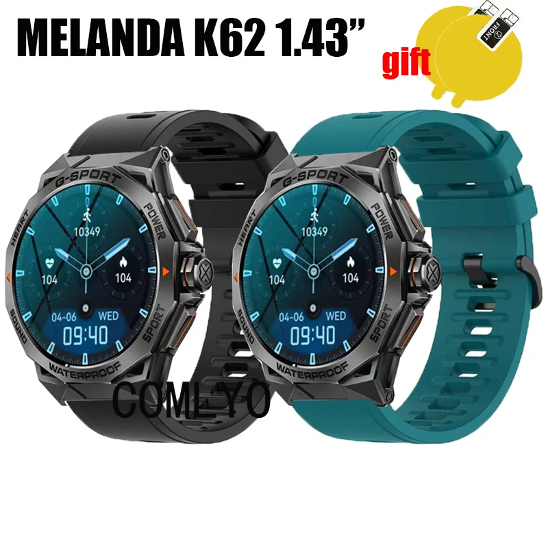 Band For MELANDA K62 1.43” Smart Watch Strap Silicone Soft Wristband Bracelet Screen protector film