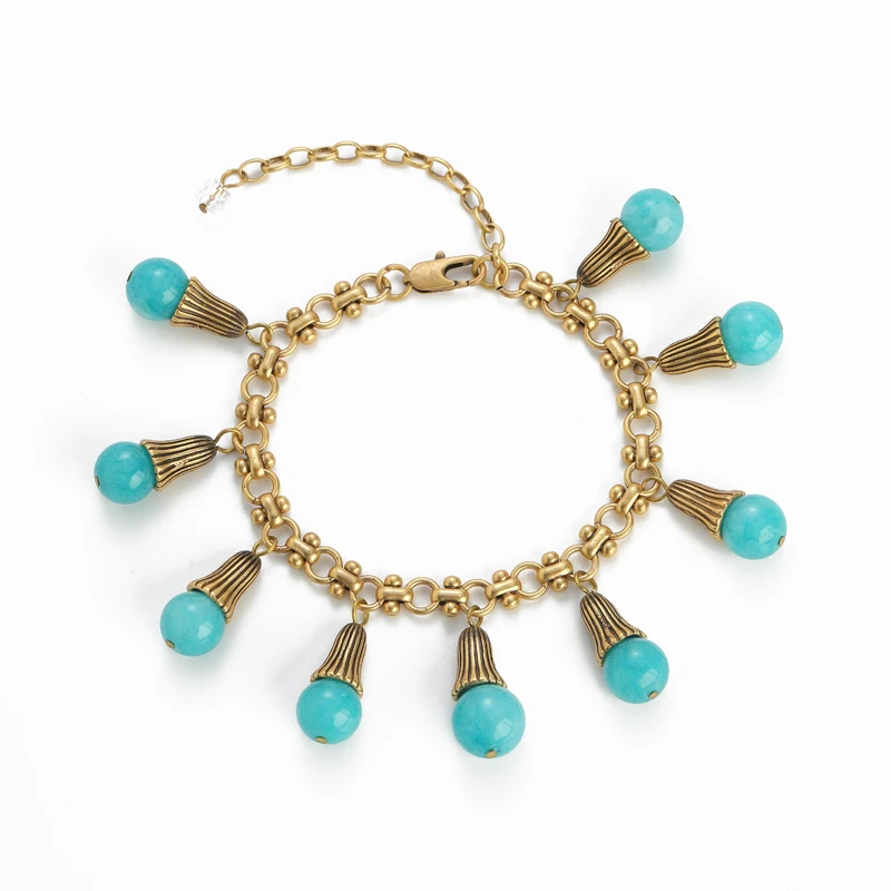 خمر الفيروز ضوء لمبة شرابة سوار 18 كيلو الذهب اللون الحجر الطبيعي الإسورة مجوهرات العتيقة اكسسوارات الرجعية للنساء