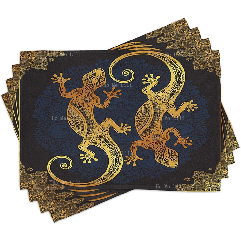 Mandala Gecko Lizards Boho Framework Tropical Tattoo Style Fabric Placemats For Dining Table