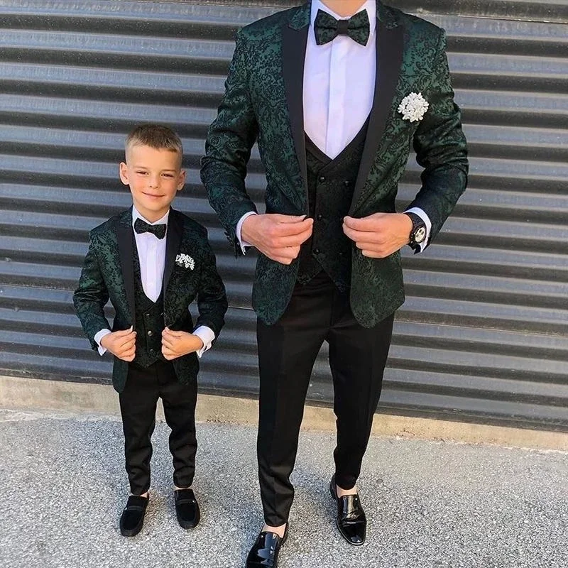 Fashion Father & Son Suits 3 Pieces Slim Fit Jacquard Wedding Groom Tuxedo Blazer Green Boys Men Casual Party Suit Set Custom