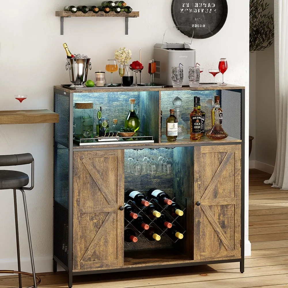 

Redlife Wine Bar Cabinet with Power Outlets, LED Lights and Glass Holder, Industrial Storage Buffet, Coffee Bar Cabinet with Lig