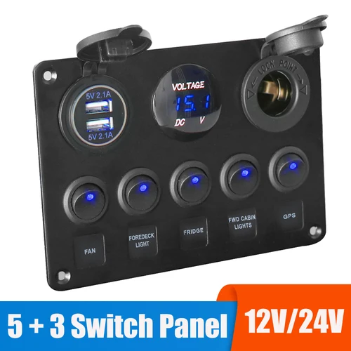 Imagen 1 del producto Panel de interruptor LED de 12V, 24V, 5 botones, cargadores USB, calibre de 3,0 voltios para coche, barco, camión, remolque, accesorios para caravana