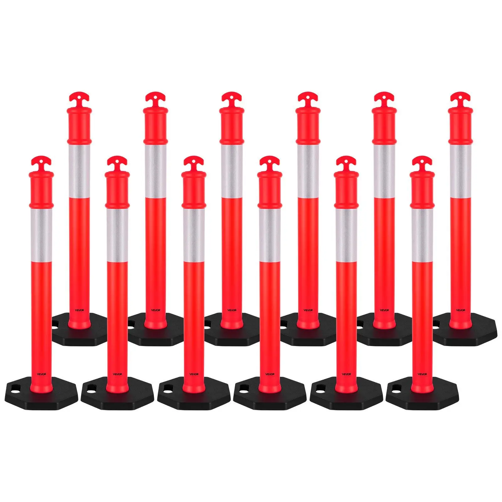 12개입 48인치 교통 분리대 포스트, 반사 스트립 및 무게가 있는 베이스가 있는 고강도 안전 콘, 건설 현장 및 주차장용
