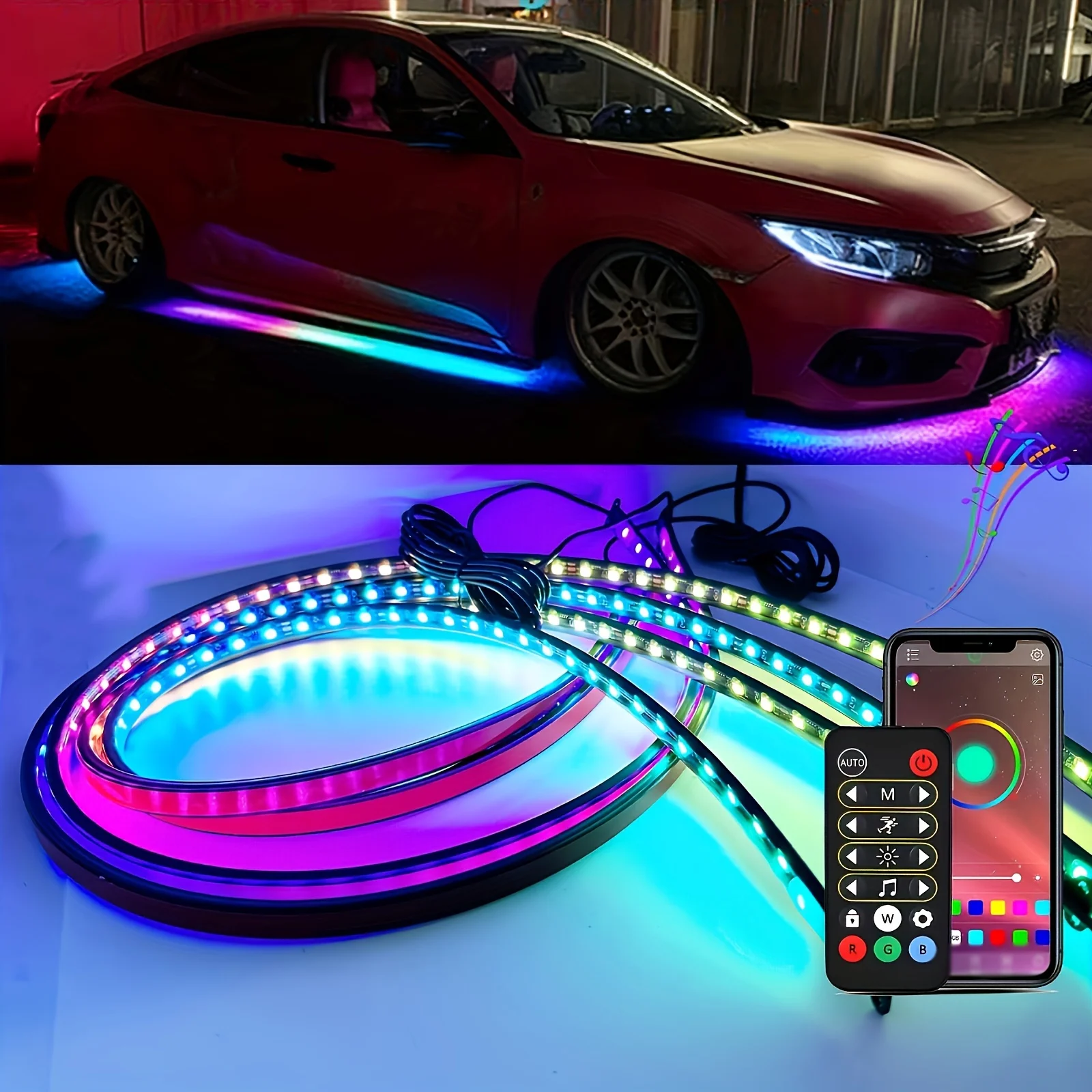 Car Neon Accent Strip Lights, RGB Sound, Active Function, Modo de música com controle remoto sem fio, Underbody Light Strips, 4pcs