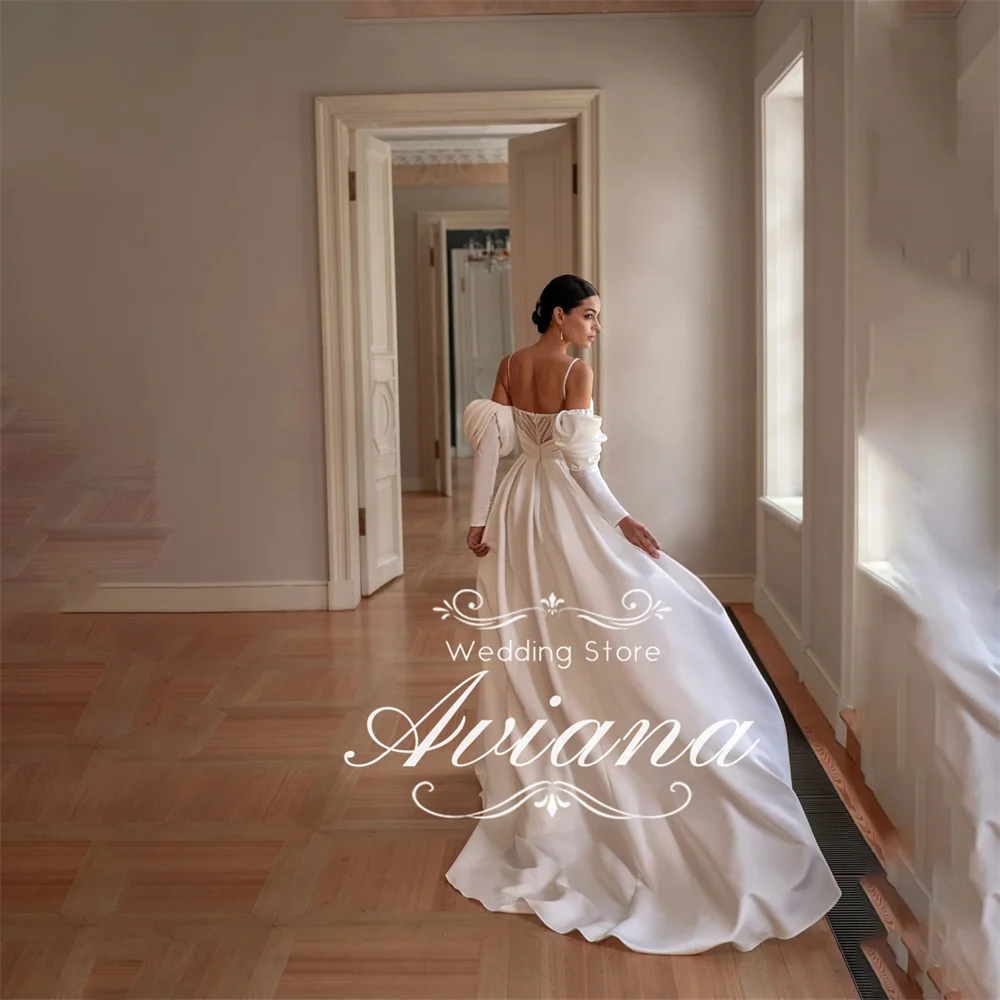 

Aviana Customized Off Shoulder Bridal Gown Puff Sleeves Satin Fabric High Slit Long Train Elegant Luxury Handmade Formal 2025