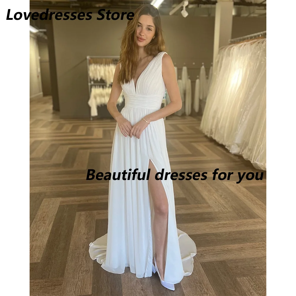 

Summer Chiffon Wedding Dress Customized Cap Sleeve V Neck Simple Thigh Slit A Line Court Train Bridal Gown 2025