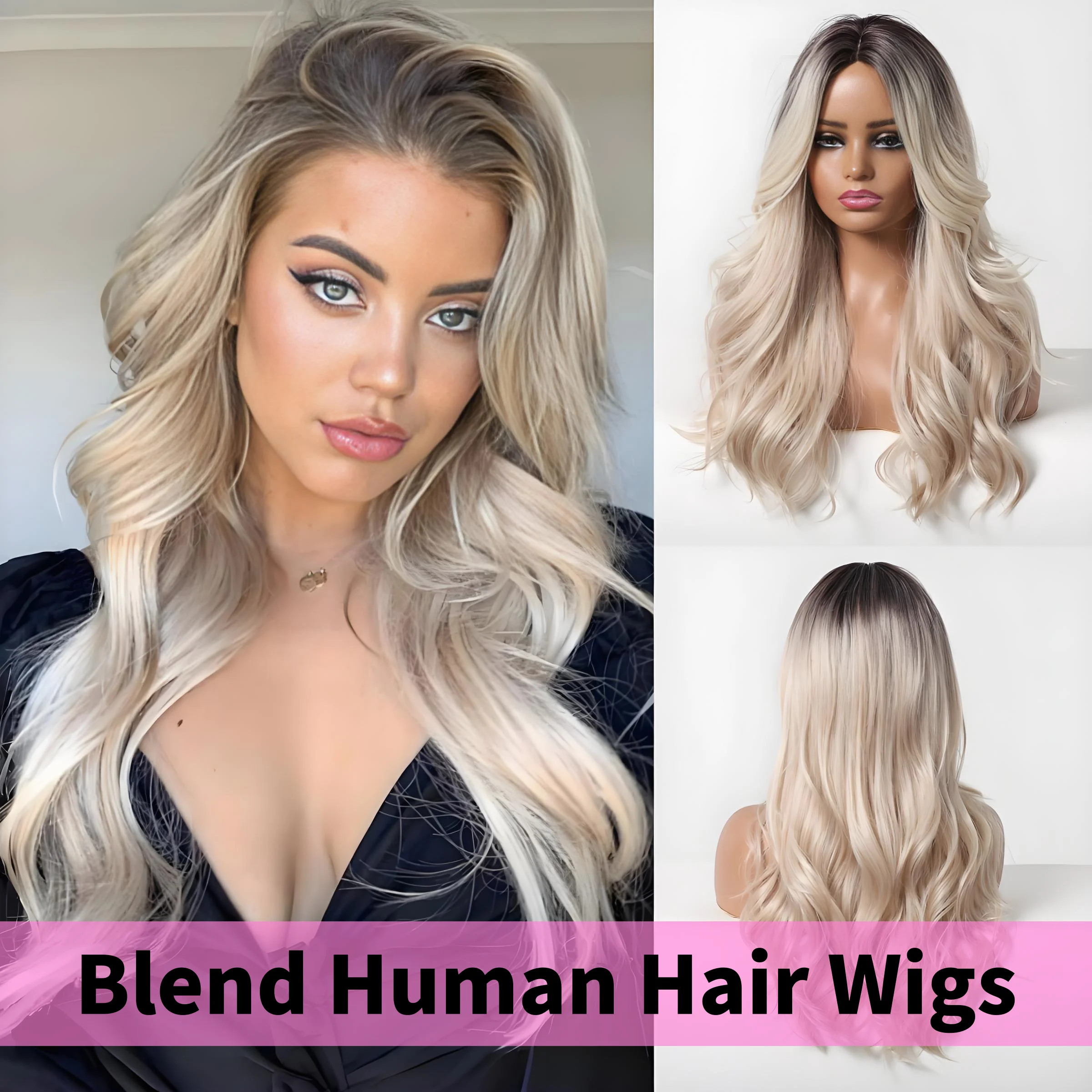 Platinum Wavy Hairline Lace Wig Long Body Wave Blend Human Hair Wig Middle Part Daily Party Cosplay Human Hair for Women Use Wig