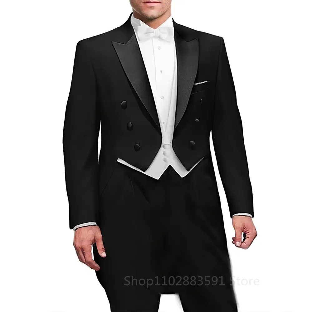 

Elegant Black Men Suits 3 Piece Fashion Peak Lapel Double Breasted Wedding Tailcoat Prom Party Male Suit (Blazer+Vest+Pants)