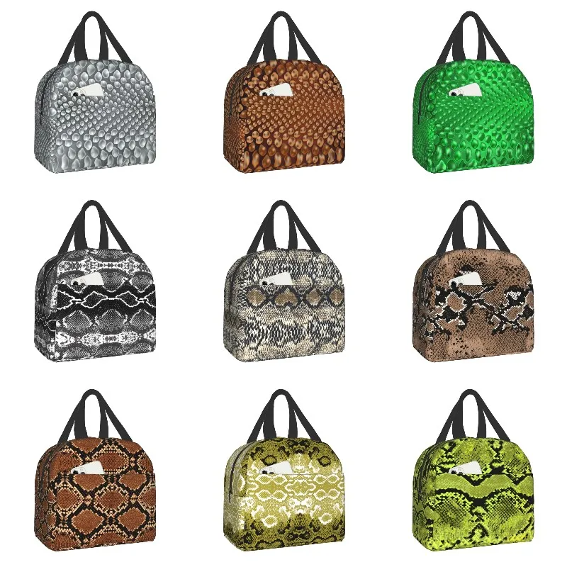 Grey Snake Skin Print Resuable Lunch Boxes Women Animal Texture Snakeskin Thermal Cooler Food Insulated Lunch Bag Office Work