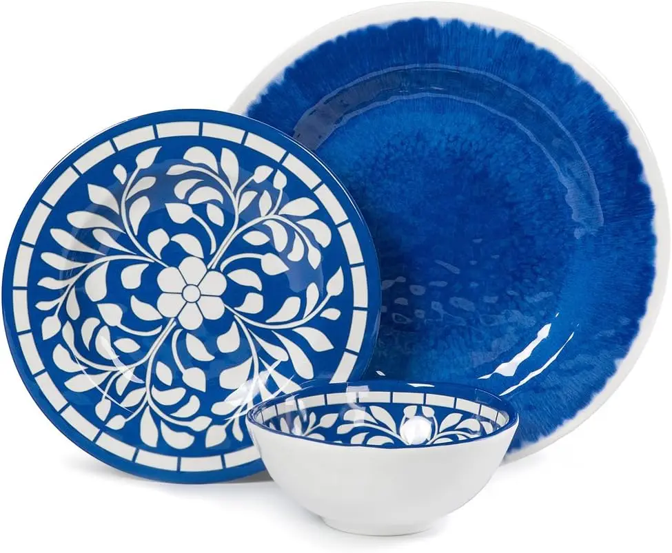 

12-Piece Melamine Dinnerware Set for 4, Blue Plates and Bowls - Dishwasher Safe & Unbreakable for Indoor/Outdoor Use