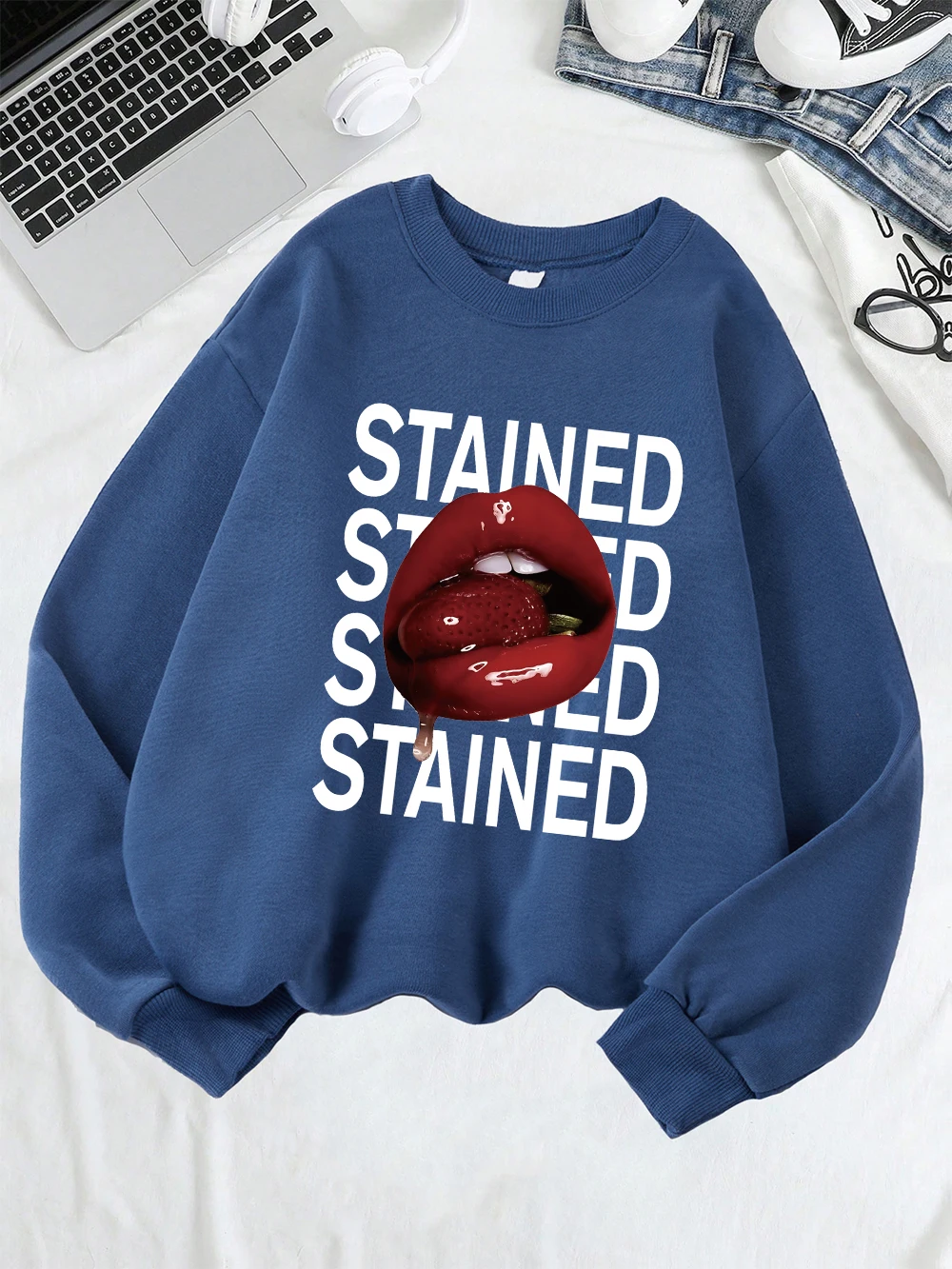 الشفاه الملونة الطباعة بلوزات النساء الخريف الشتاء الصوف الدافئة هوديس Crewneck فضفاض البلوز أساسيات ملابس نسائية رياضية