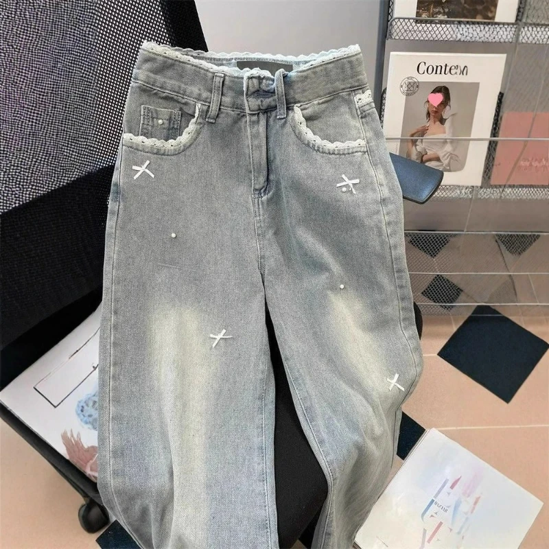 Women Print Lace Bow Denim Pants Washed Spliced Straight Pant Pockets Elegant High Waist Jeans Simple Slight Strech Winter 2025
