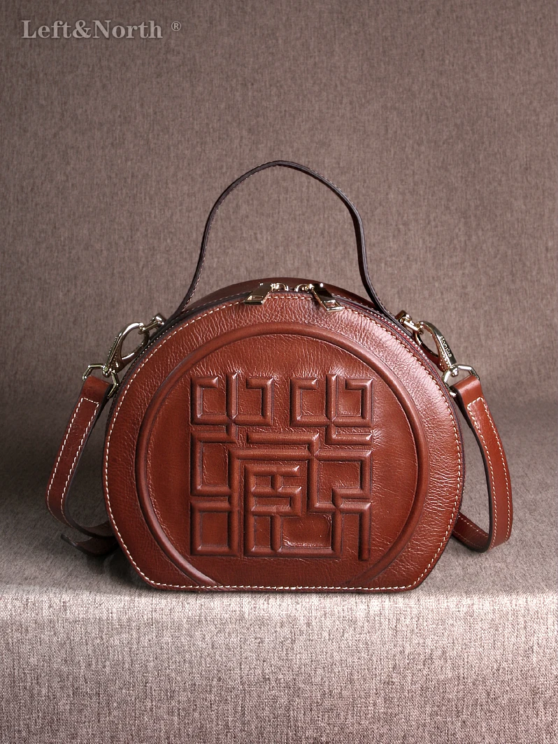 

LEFT&NORTH Top-handle bags for women trend 2024 Genuine leather 100% Natural Cowhide Chinese style Vintage Circular bag Original