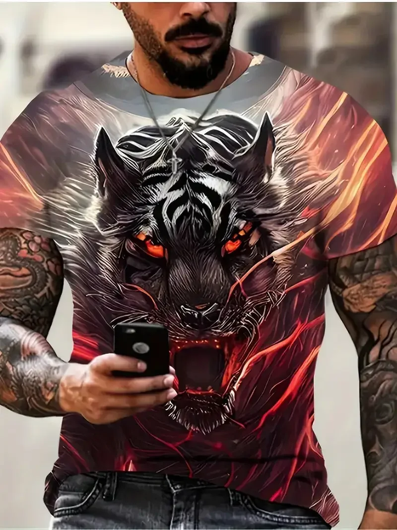 Summer men's white tiger print T-shirt trendy and personalized round neck short sleeved oversized T-shirt streetwear 3D animal