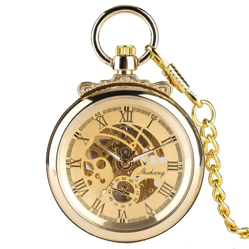 Vintage Golden Mechanical Pocket Watch Movement Roman Numerals Pendant Fob Chain Anique Clock Hours Men Women Xmas Gifts