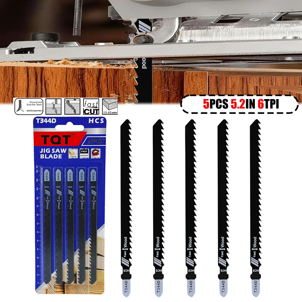 5Pcs T-Shank Jigsaw Blades T344D Hcs for Cutting Thick Construction Timber Softwood Chipboard Core Plywood Woodworking Tool