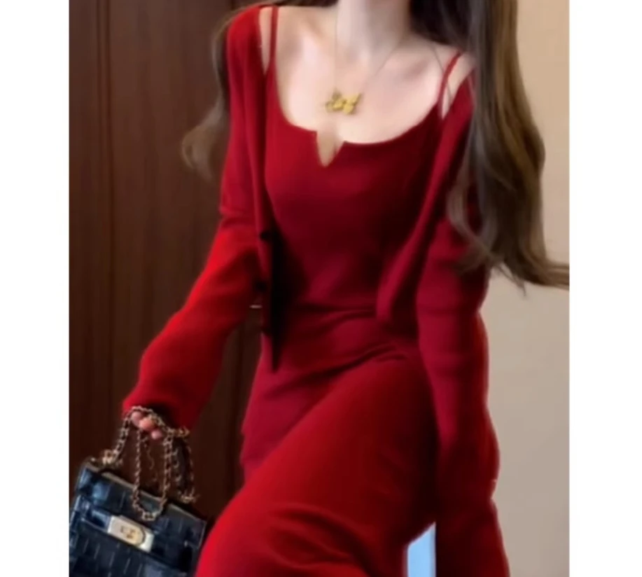 Jurk Sexy Pure Desire Rode Nieuwjaar Battle Robe Jurk Set 2025, Lente Heuptas Hippe Lange Jurk Tweedelige Set voor Vrouwen