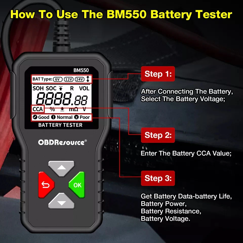 OBDResource Car Battery Tester with Printer, Digital Battery Load Tester 6V/12V/24V Automotive Battery Analyzer with 100-2000 CCA Load Capacity for Trucks, Boats, RVs, Marine Vehicles and More