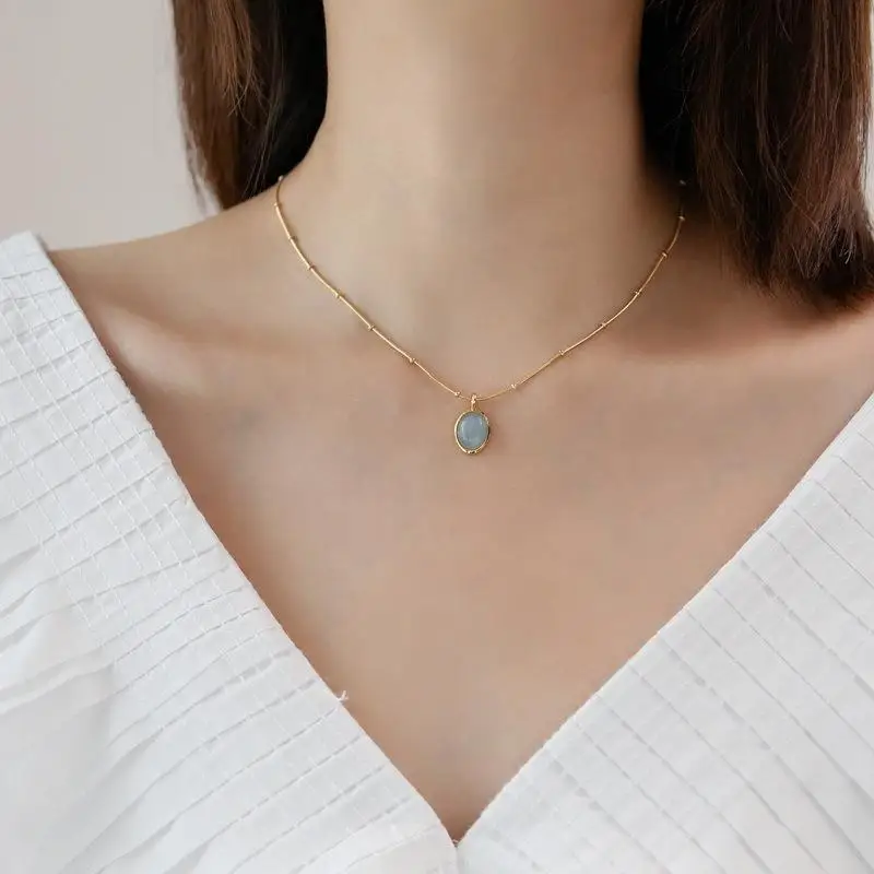 316L Stainless Steel New Fashion Fine Jewelry Oval Sea Blue Opal Beaded Charms Snake Chain Choker Necklaces & Pendants For Women