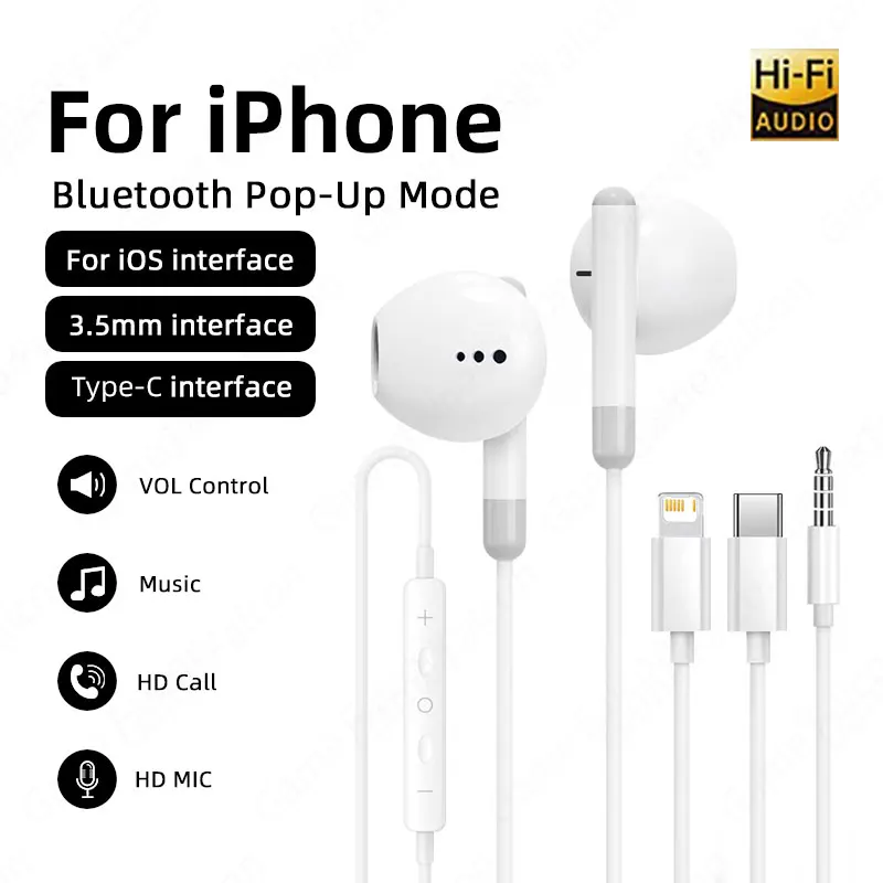 HiFi-hoofdtelefoon In-ear stereo-oordopjes Type-C 3,5 mm Geschikt voor Apple iPhone 15, Samsung Xiaomi iPad Bedrade Bluetooth-oo