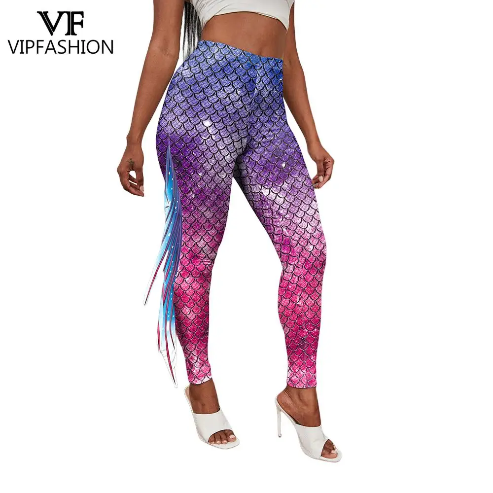 VIP FASHION Mermaid Cosplay Pants Fish Scales Printed Leggings Woman Summer Sexy Workout Trousers Ladies Casual Elastic Bottom