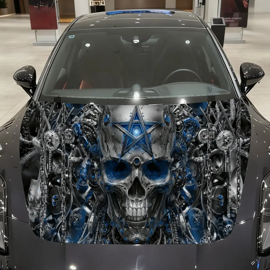 

Mechanical Blue-Silver Skull Car Vinyl Wrap, PVC Material Waterproof Car Hood Sticker, Self-Adhesive Scratch-Resistant Stickers