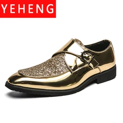 YEHENG Mens Glitter Gold Monk Strap Dress Shoes, Shiny Metallic Leather Formal Loafers, Big Size 45-48 Luxury Party Tuxedo Shoes