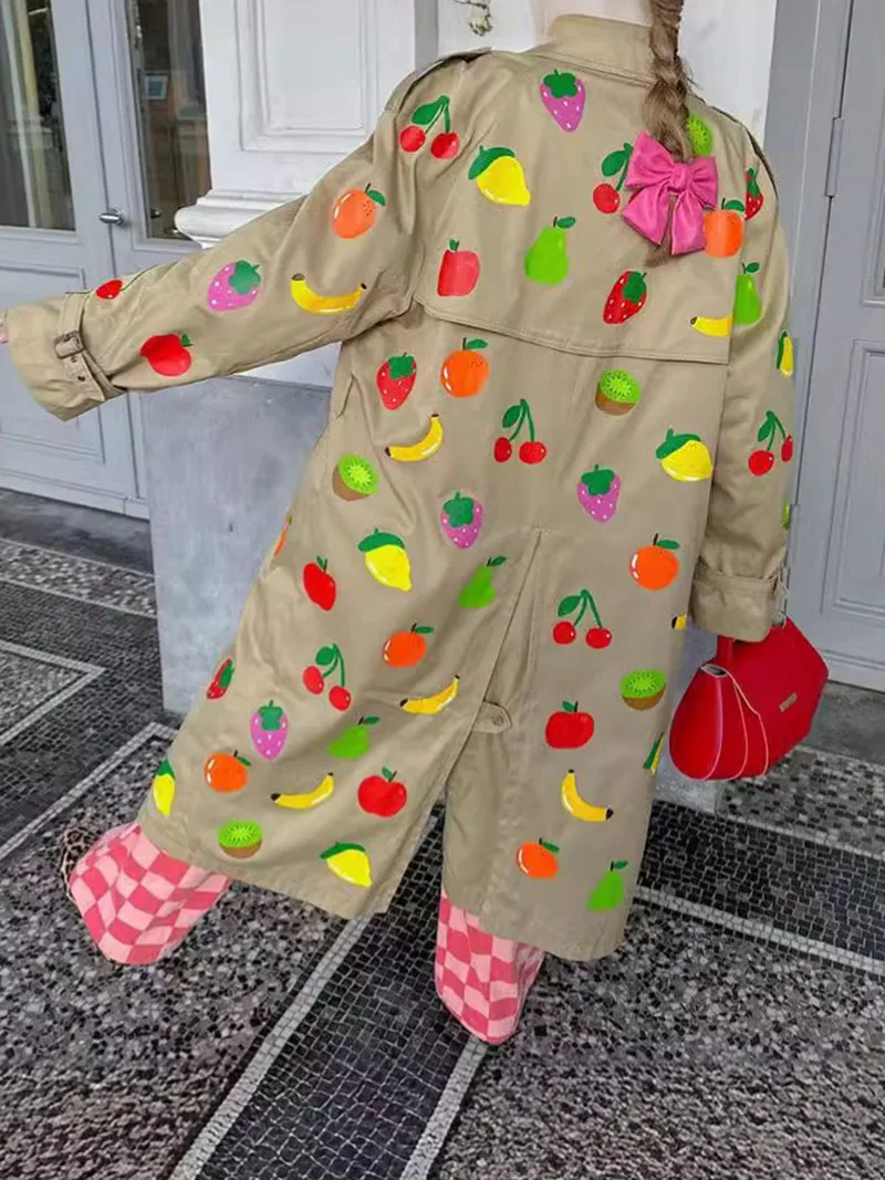 

Осенне-зимняя длинная куртка с фруктовым принтом, плащ с длинными рукавами, тепе пальто на пуговицах с нишевым дизайном, 2025 г., уличная женская верхняя одежда