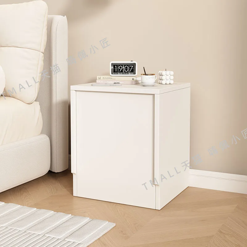 طاولة بجانب السرير خزانة داكنة إسكندنافية من الخشب الصلب مضادة للسرقة وخزانة مخفية متعددة الوظائف وأثاث منزلي لغرفة النوم باللون الأبيض الدافئ #5