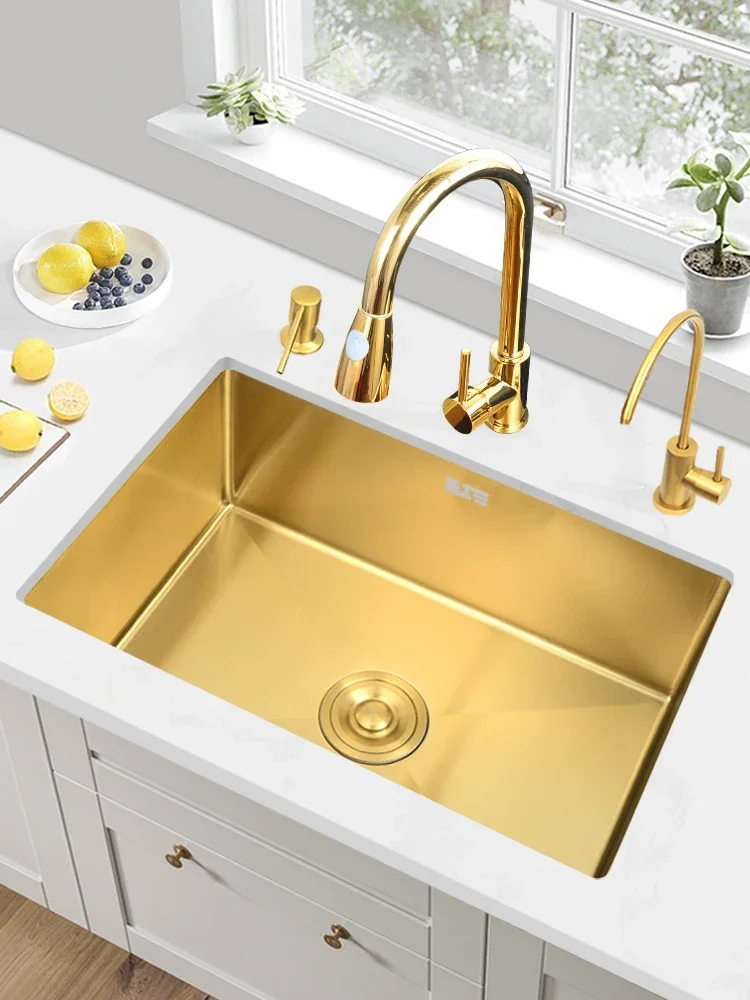 Nano gold hand-thickened 304 stainless steel basin vegetable basin sink large single slot under the counter basin kitchen sink