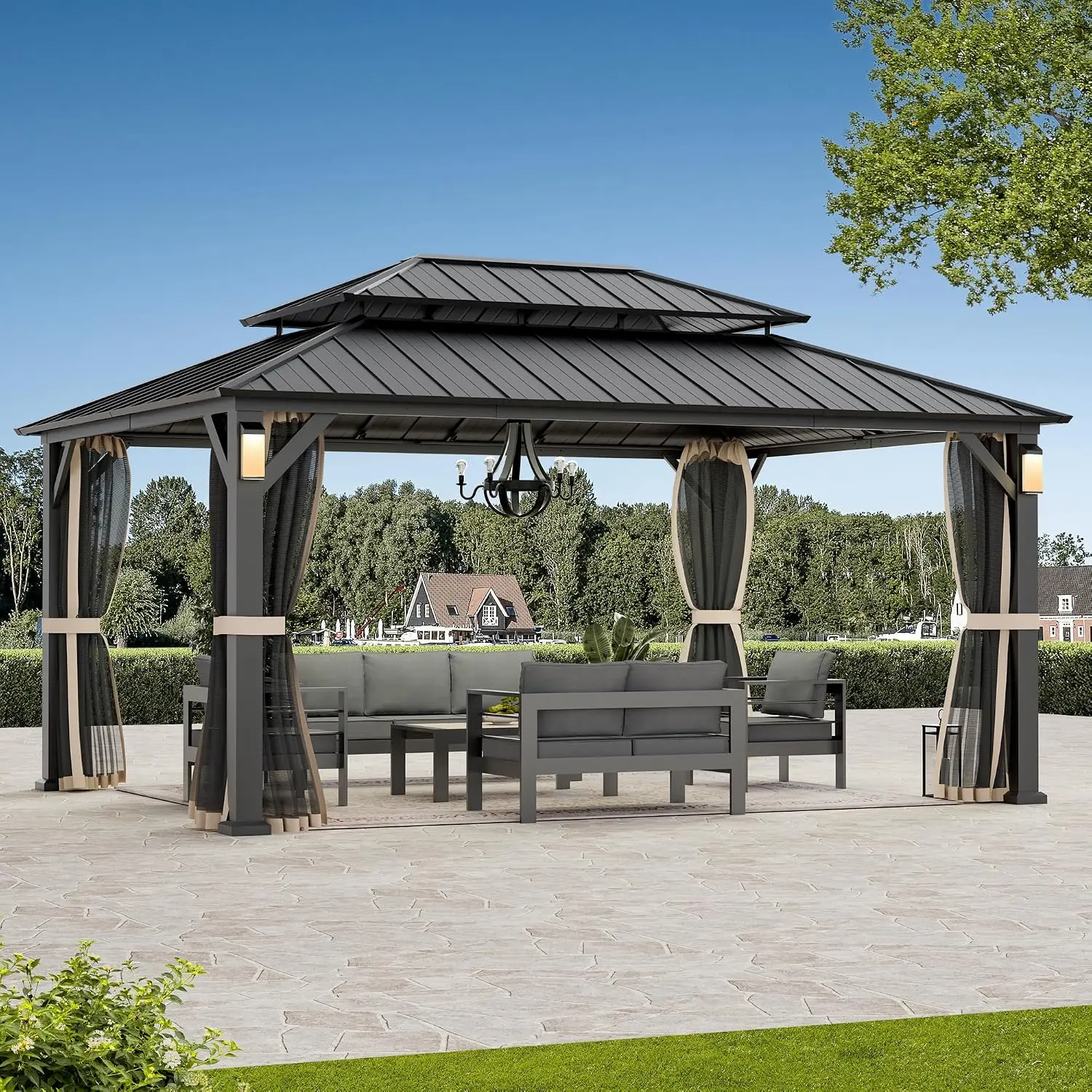 Modern Shade The Horizon Hard Top Gazebo 12' x 16' with 4 LED Lights, Permanent Hardtop Gazebo with Galvanized Steel Double Roof