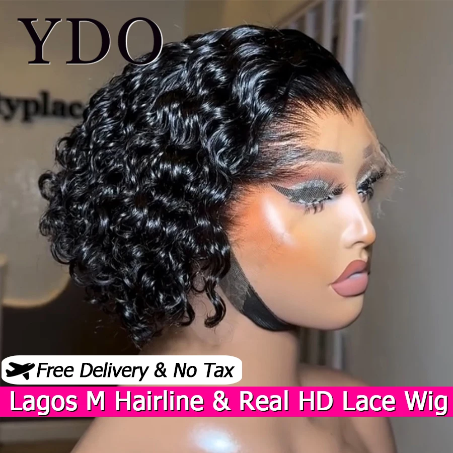 Pelucas de corte Pixie rizado corto de línea de cabello Lagos M, pelucas frontales de encaje HD 13x4, cabello humano rizado de 250% Jerry, pelucas Guless Wear Go, pieles fundidas