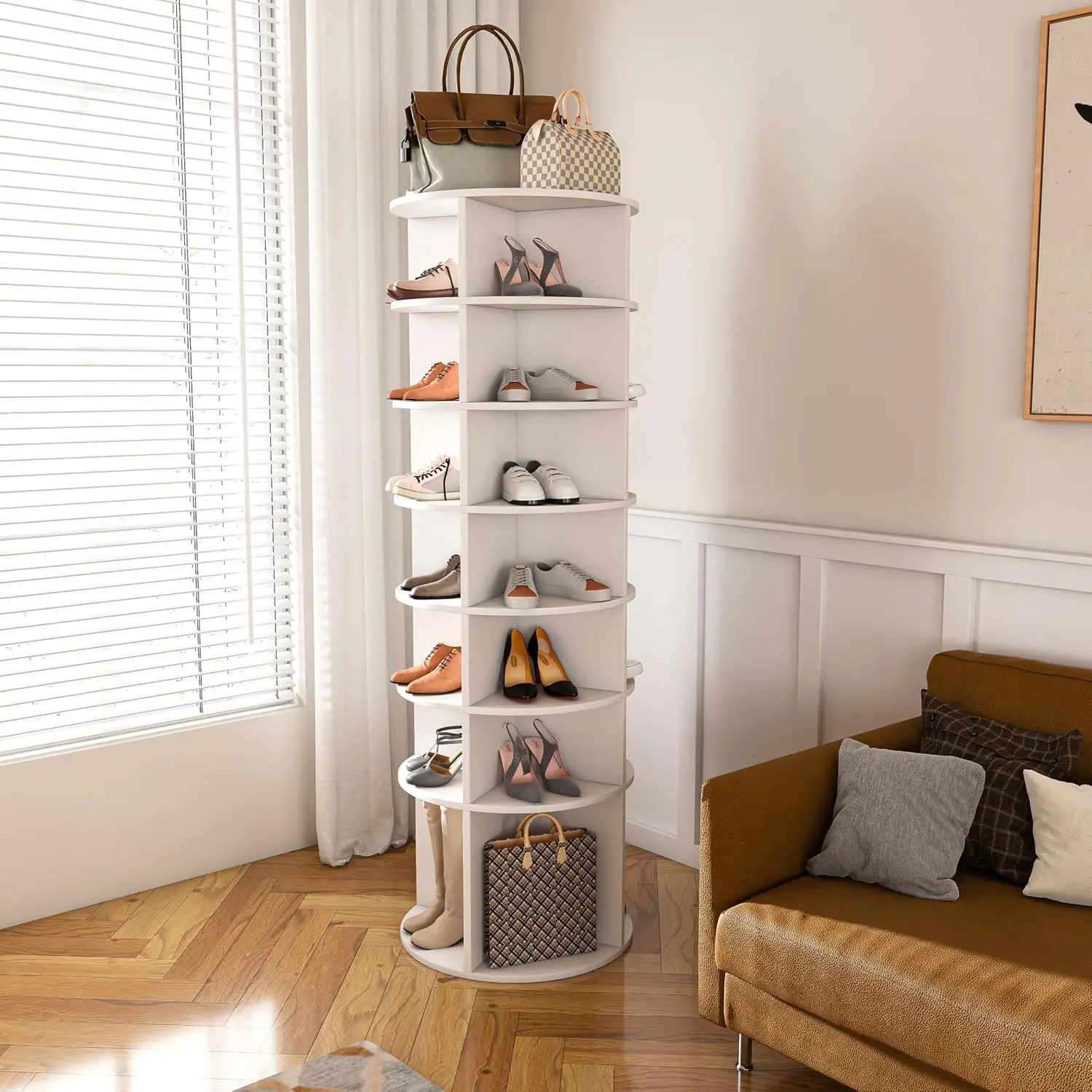 7-Tier Rotating Shoe Tower, 360° Spinning Storage Rack, High-Bottom Organizer Fits 28 Pairs, White, Customized