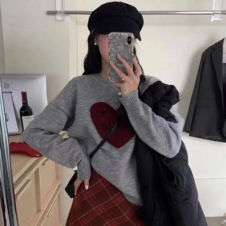 

Новый корейский свитер свободного кроя в стиле кэжуал с жаккардовым узором и круглым вырезом для осени и зимы, женский вязаный базовый свитер-топ