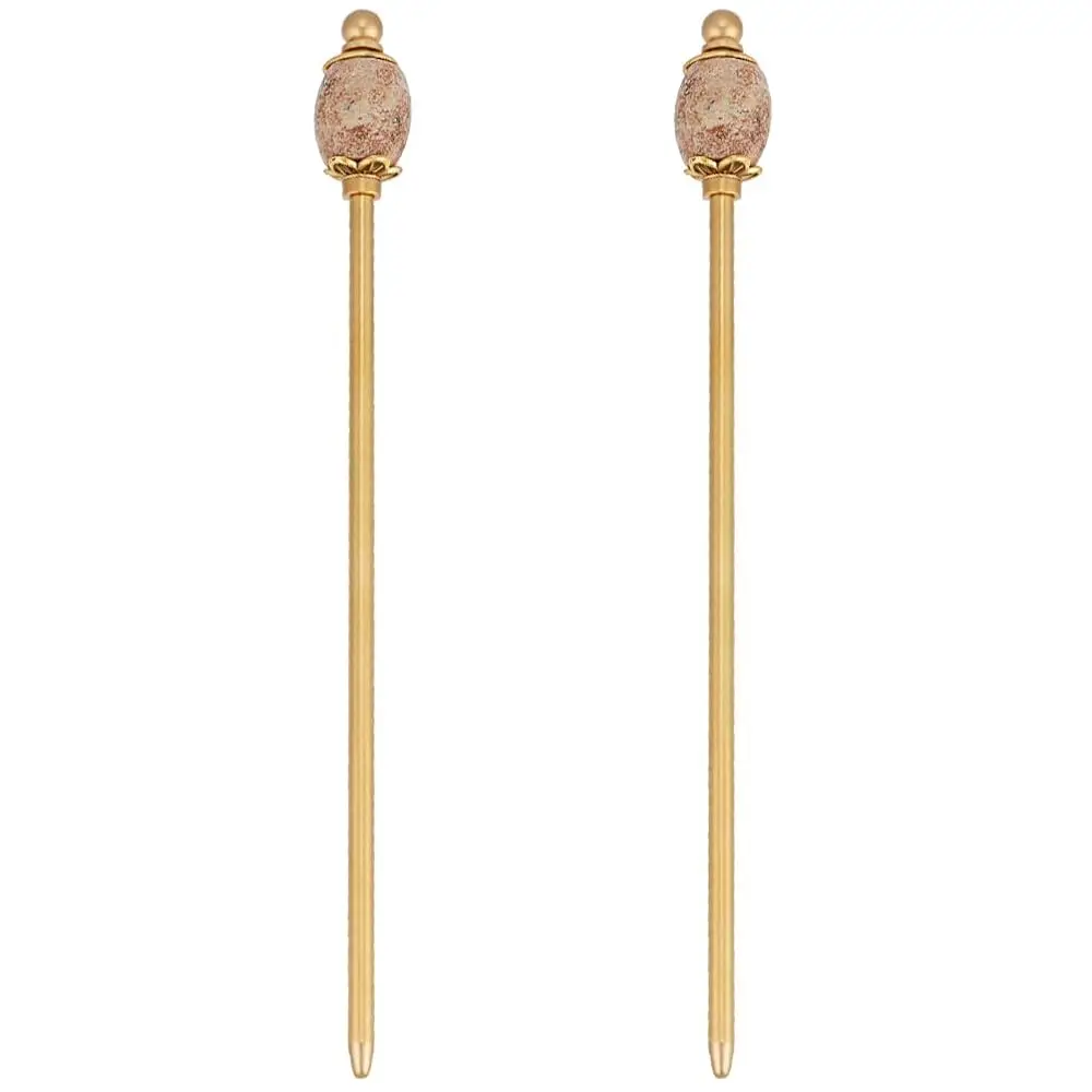 

2PCS Picture Jasper Bead Hair Sticks 5.9inch Oval Gemstone Hairpins Golden Chinese Hairpin Metal Hair Chopsticks Vintage Hai