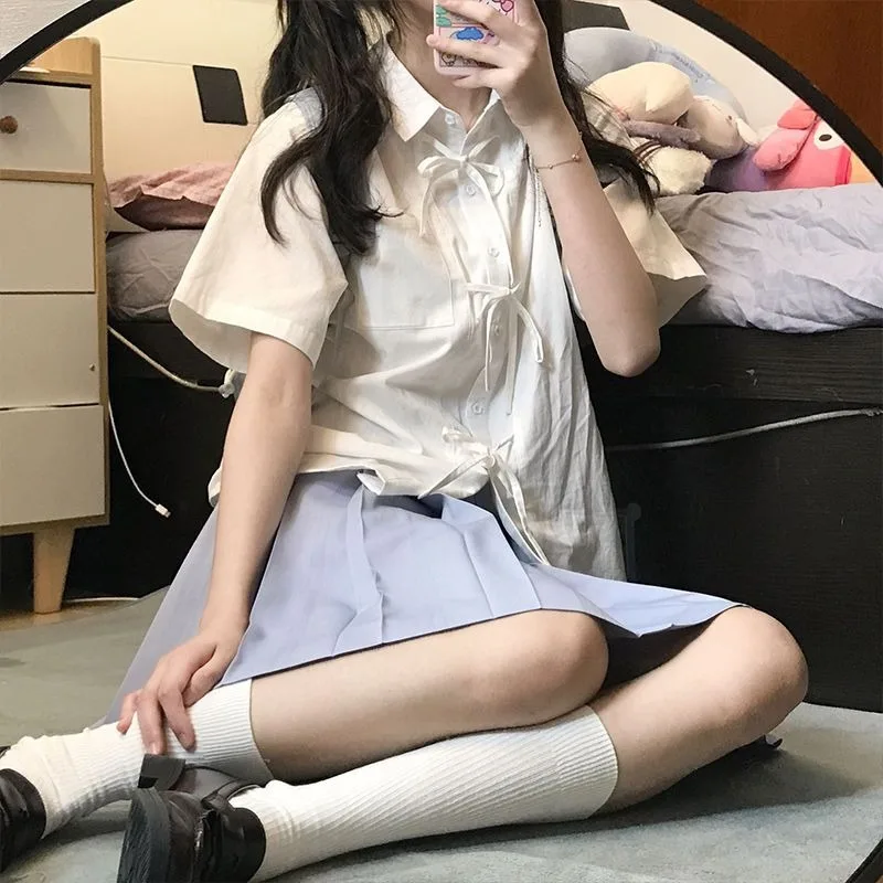 

QWEEK White Preppy Lace Up Shirt Woman Loose Kawaii Jk Short Sleeve Blouses Summer Japanese Harajuku Fashion Casual Aesthetic